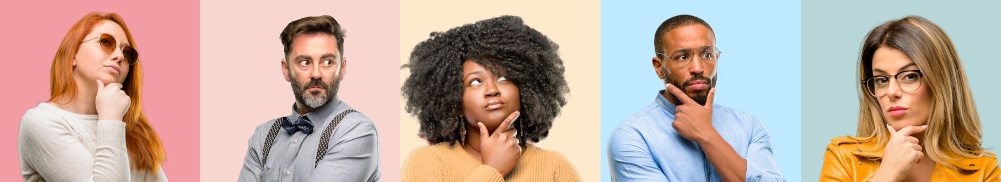 Cool group of people, woman and man doubt expression, confuse and wonder concept, uncertain future