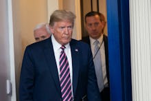 US President Donald J. Trump arrives for a news briefing with members of the Coronavirus Task Force ...