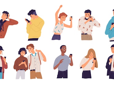 People with smartphones flat vector illustrations set. Different emotions, reaction to information c...