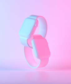 White Smart Watch 4 with colorful ultraviolet holographic neon lights. Creative concept. 3d render