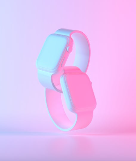 White Smart Watch 4 with colorful ultraviolet holographic neon lights. Creative concept. 3d render