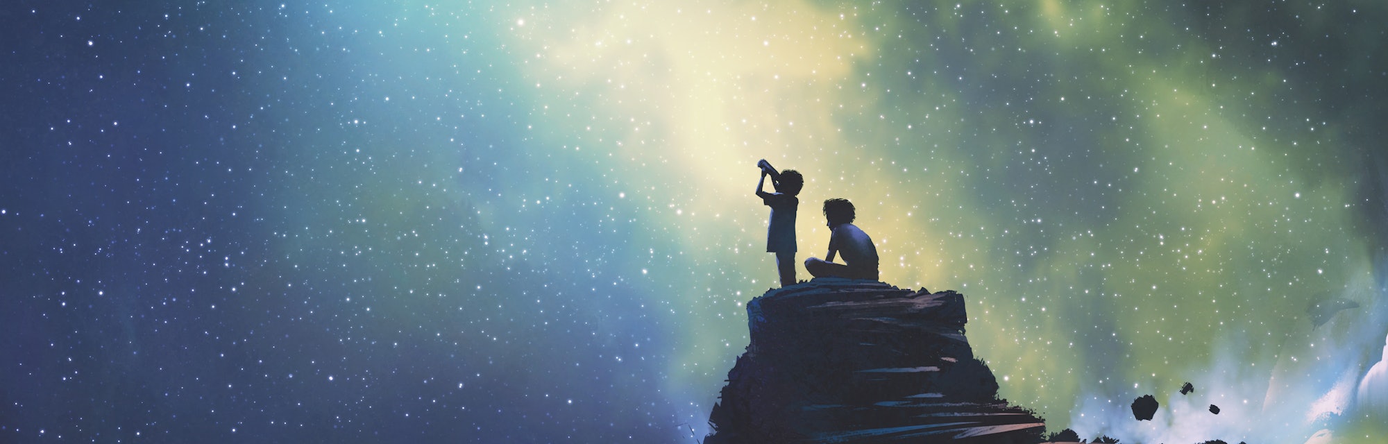 night scene of two brothers outdoors, llittle boy looking through a telescope at stars in the sky, d...
