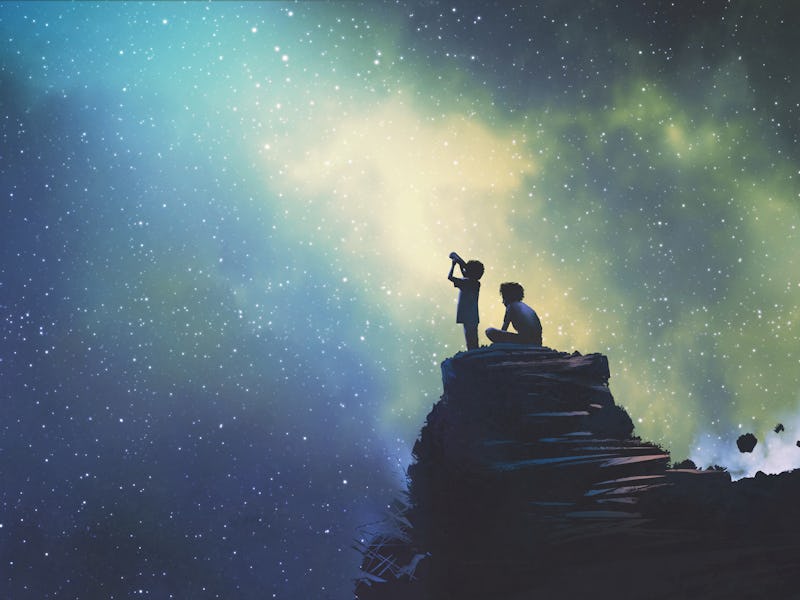 night scene of two brothers outdoors, llittle boy looking through a telescope at stars in the sky, d...