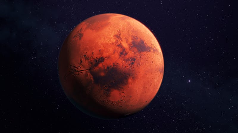 Mars, the red planet, 3d rendering with detailed surface features, with atmosphere, and dark backgro...