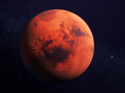 Mars, the red planet, 3d rendering with detailed surface features, with atmosphere, and dark backgro...