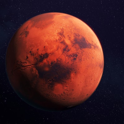 Mars, the red planet, 3d rendering with detailed surface features, with atmosphere, and dark backgro...