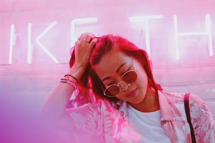 Young asian hipster millennials woman in street style fashion summer concept and wearing sunglasses ...