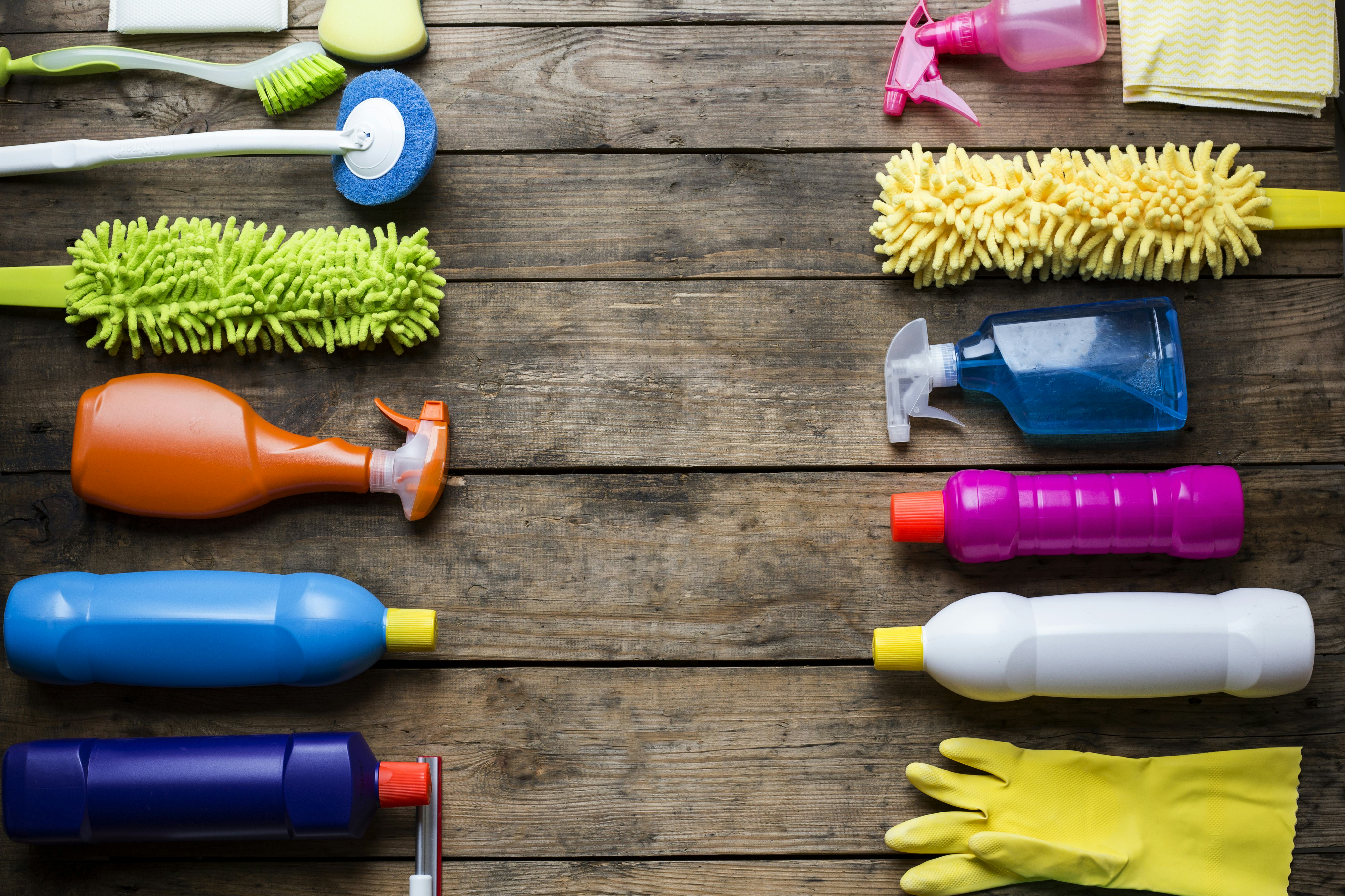House cleaning product on wood table