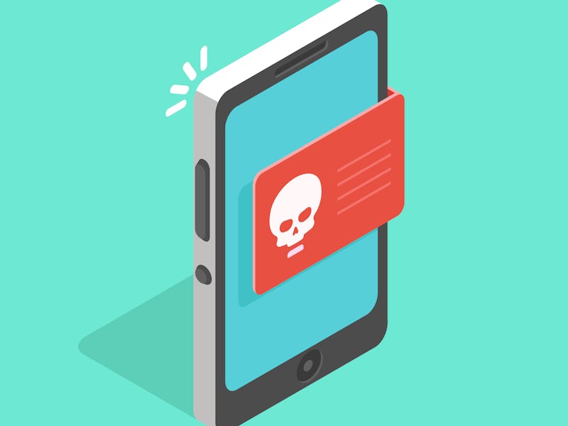 Infected mobile operating system. Malware notification on smartphone vector, concept of spam data, f...