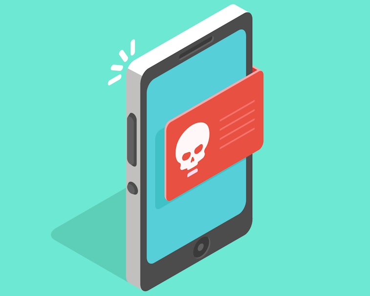 Infected mobile operating system. Malware notification on smartphone vector, concept of spam data, f...