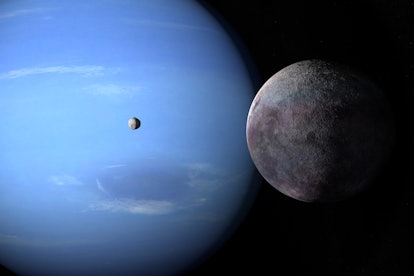Satellites Proteus and Triton orbiting around Neptune planet. 3d rendering