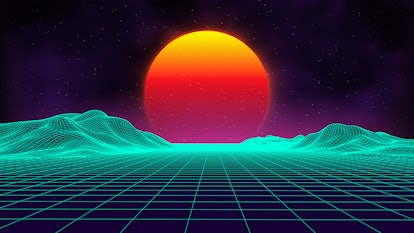 Retro background futuristic landscape 1980s style. Digital retro landscape cyber surface. 80s party ...