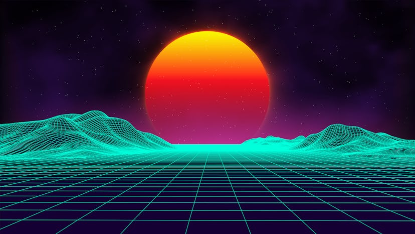 Retro background futuristic landscape 1980s style. Digital retro landscape cyber surface. 80s party ...