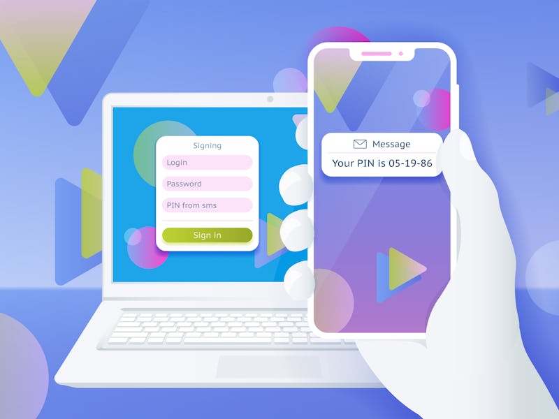 Multi-factor authentication (MFA) SMS code password. Man sitting at desktop and getting access to th...