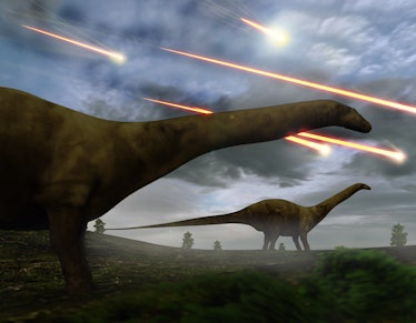 A 3D illustration of Brontosaurs looking upon the meteors raining down that preceded the larger aste...