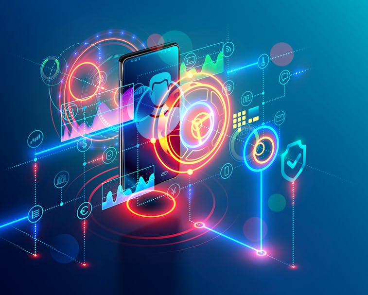 Internet mobile banking isometric concept. Online bank on phone. Safety web payment through mobile a...