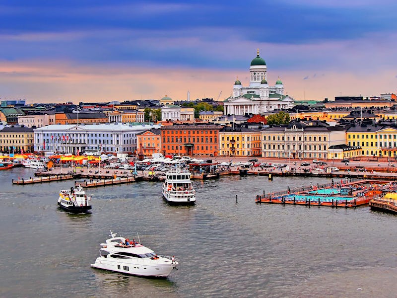 Helsinki cityscape with Helsinki Cathedral, South Harbor and Market Square Kauppatori , Finland