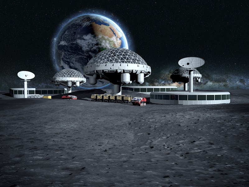 futuristic city, base, town on moon. The space view of the planet earth. expedition. 3d rendering. E...