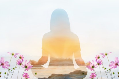 Double exposure of meditation yoga pose and cosmos flower field on sky background with find peace of...