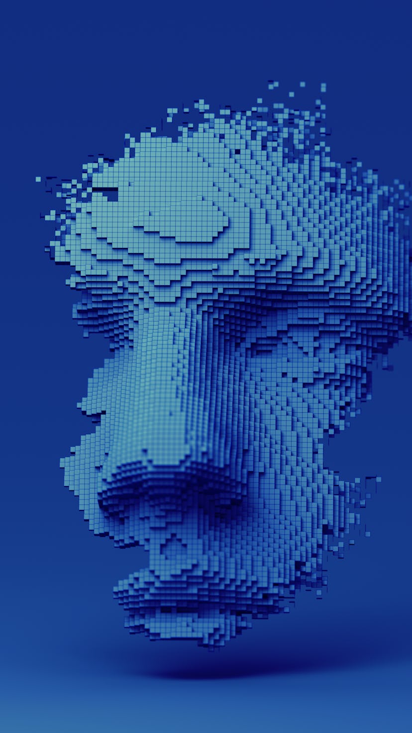 Abstract human face, 3d illustration, head constructed of cubes, artificial intelligence concept