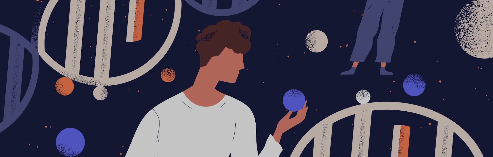 DNA molecules, man and women holding genes. Concept of scientific research in ancestry genetics, gen...