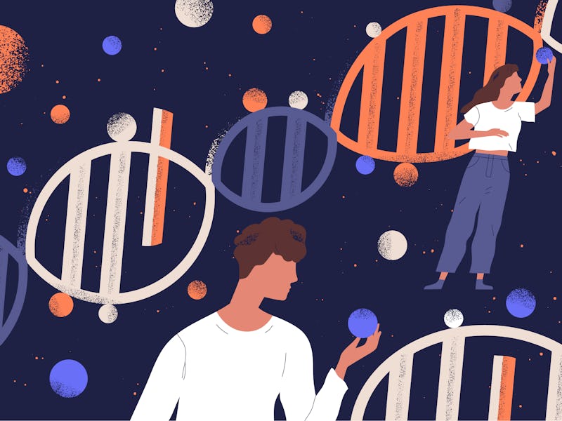 DNA molecules, man and women holding genes. Concept of scientific research in ancestry genetics, gen...