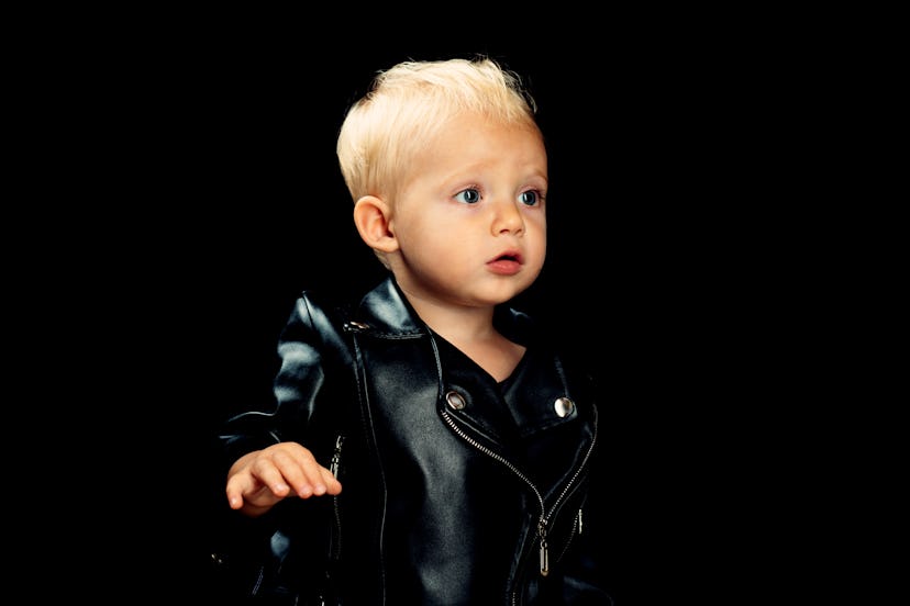 rock and roll toddler in a motorcycle jacket 