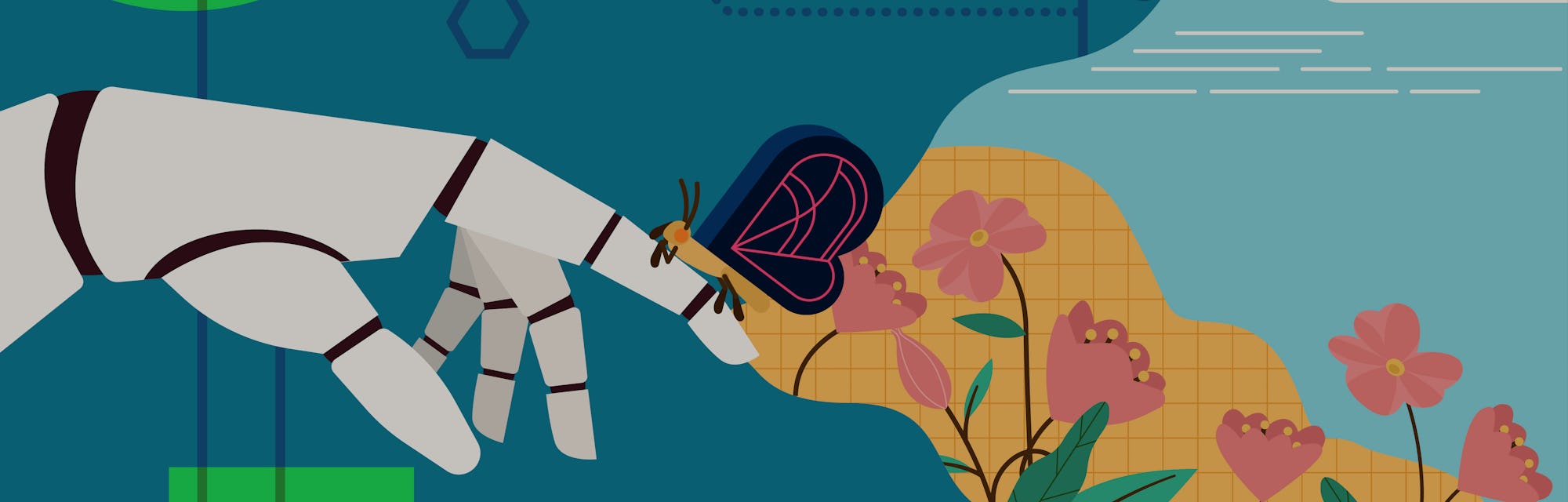 The robotic hand look as like human hand touching the butterfly with natural background, When high T...