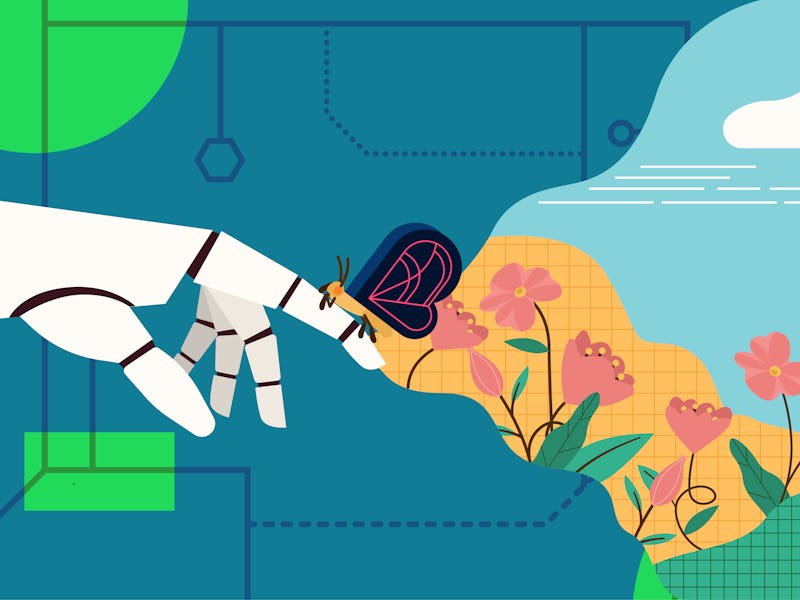 The robotic hand look as like human hand touching the butterfly with natural background, When high T...