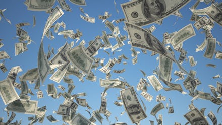 100 US Dollar, bills flying on blue sky background, 3D Rendering without motion blur