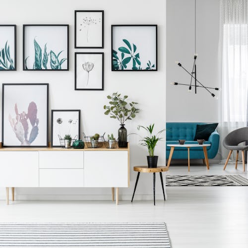 White living room interior with botanical posters on the wall and sofa in the background