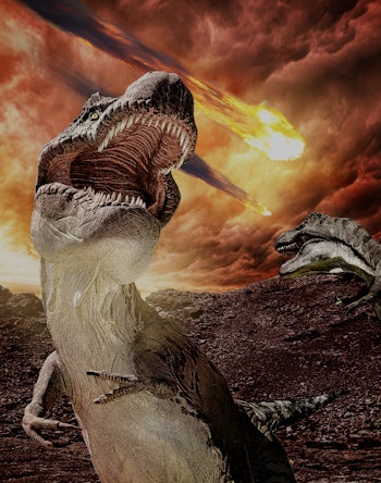 jurassic dinosaurs fighting before extinction - 3d rendering