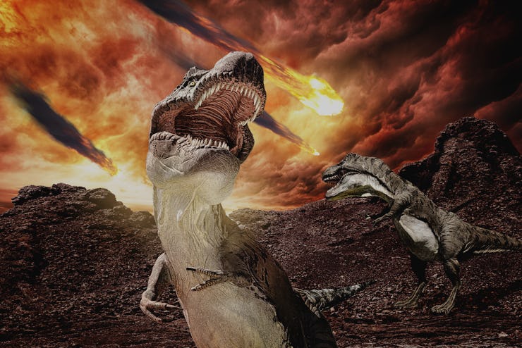 jurassic dinosaurs fighting before extinction - 3d rendering