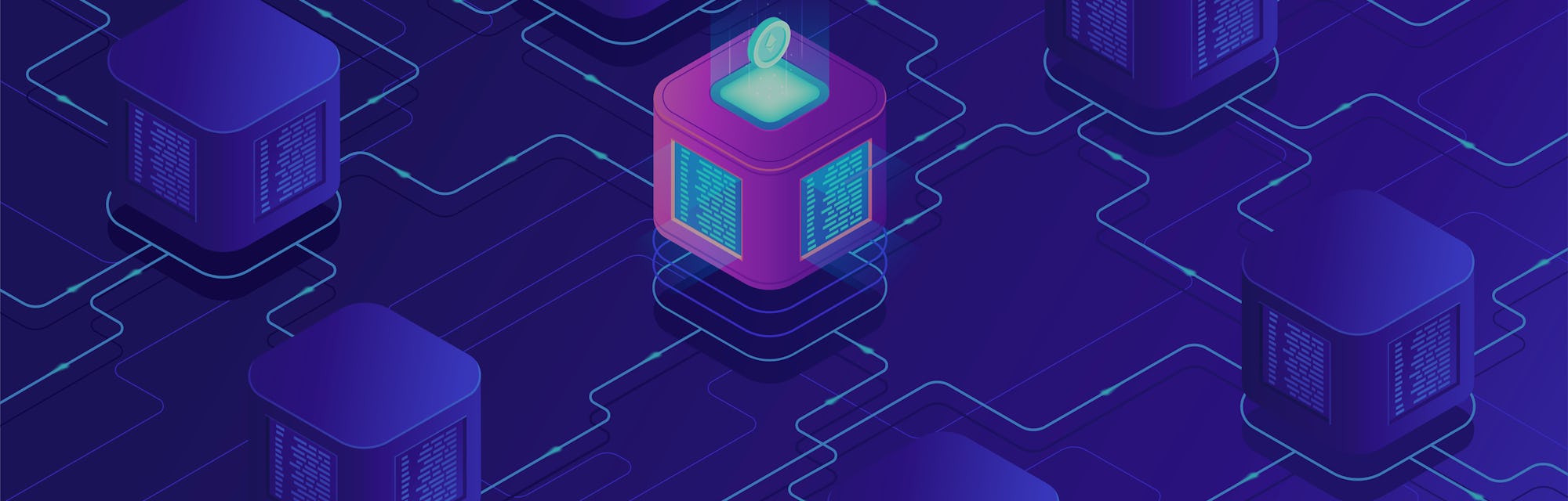 Isometric blockchain technology concept. Network, e-commerce, bitcoin trading, global cryptocurrency...