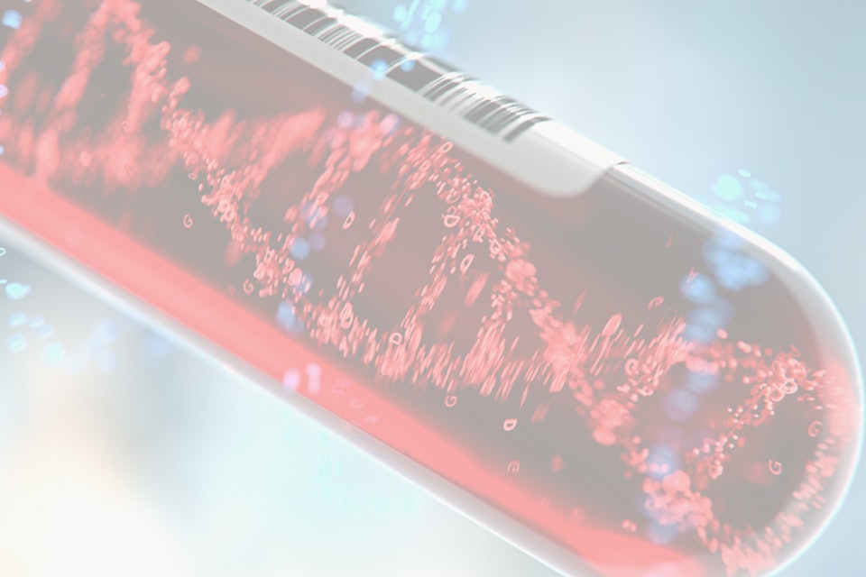 Molecule of DNA forming inside the test tube in the blood test equipment.3d rendering,conceptual image.