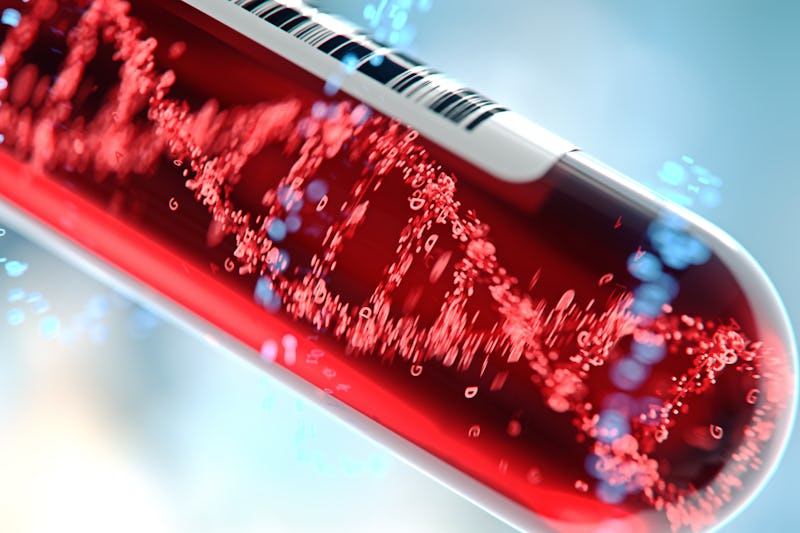 Molecule of DNA forming inside the test tube in the blood test equipment.3d rendering,conceptual ima...