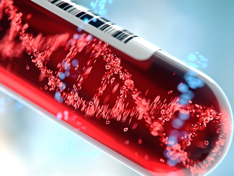 Molecule of DNA forming inside the test tube in the blood test equipment.3d rendering,conceptual ima...