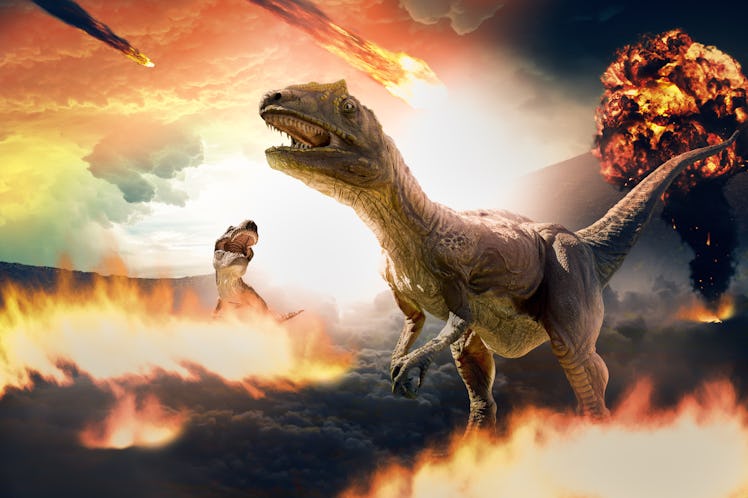 3d rendering of dinosaur and asteroids during extinction day