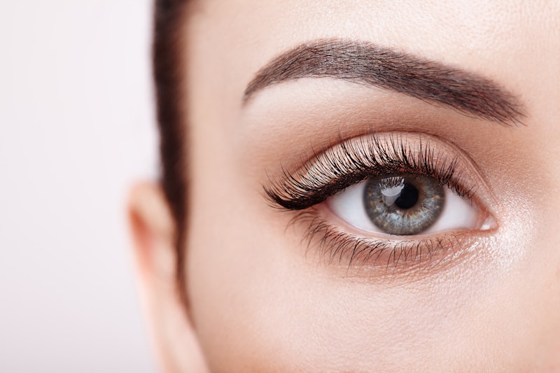 Female Eye with Extreme Long False Eyelashes. Eyelash Extensions. Makeup, Cosmetics, Beauty. Close u...