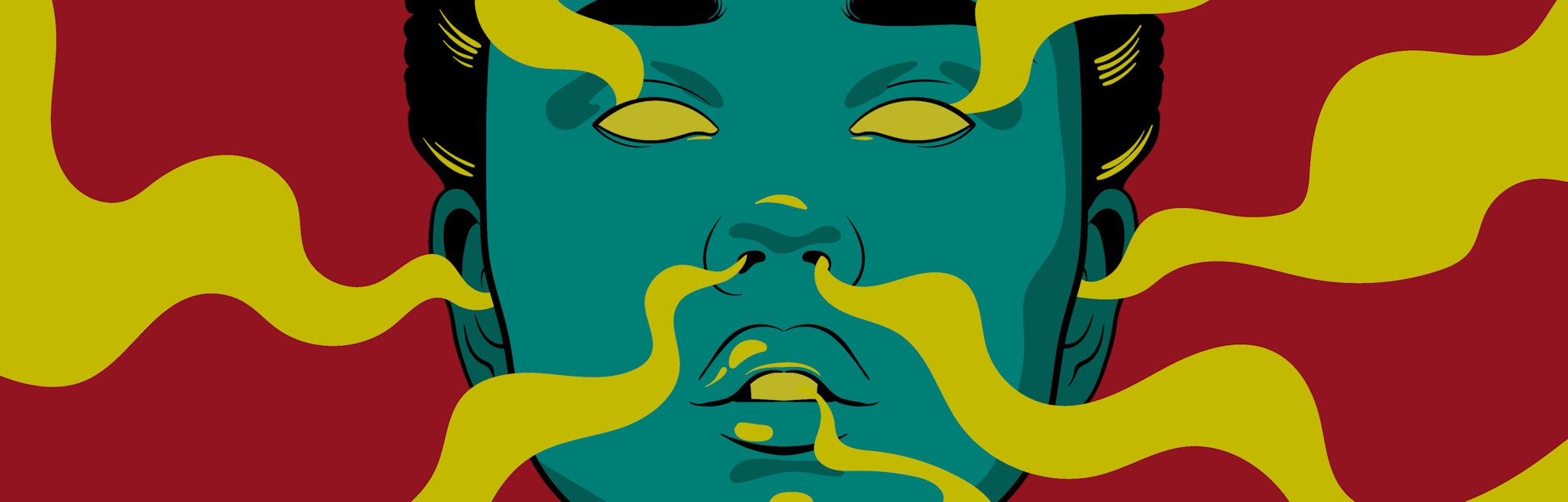 Vector hand drawn illustration of girl with smoke from ears, eyes, nose, mouth. Template for card, p...