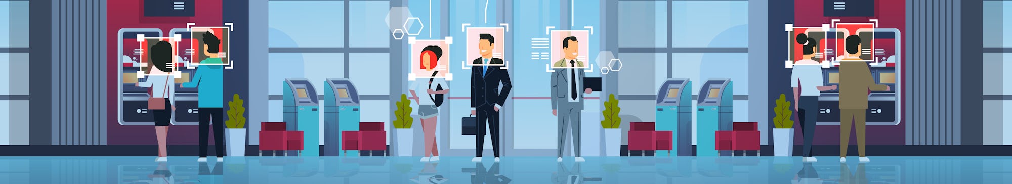 people standing line queue to withdrawing money ATM cash machine identification surveillance cctv fa...