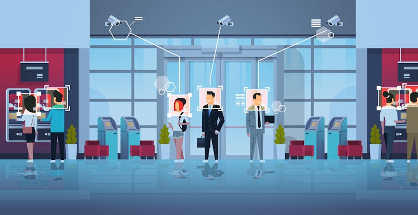 people standing line queue to withdrawing money ATM cash machine identification surveillance cctv fa...