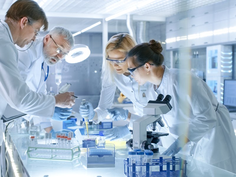 Team of Medical Research Scientists Work on a New Generation Disease Cure. They use Microscope, Test...