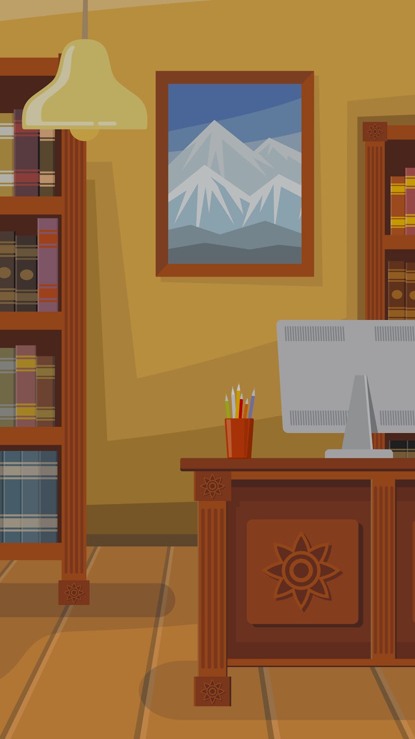 Modern library with bookshelf vector illustration. Librarians desk with desktop computer. Interior i...