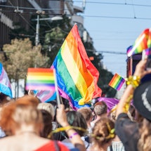  Crowd raising and holding rainbow gay flags during a Gay Pride. Trans flags can be seen as well in ...