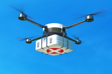 Drone with first aid kit on blue sky, Emergency medical care concept. 3D illustration