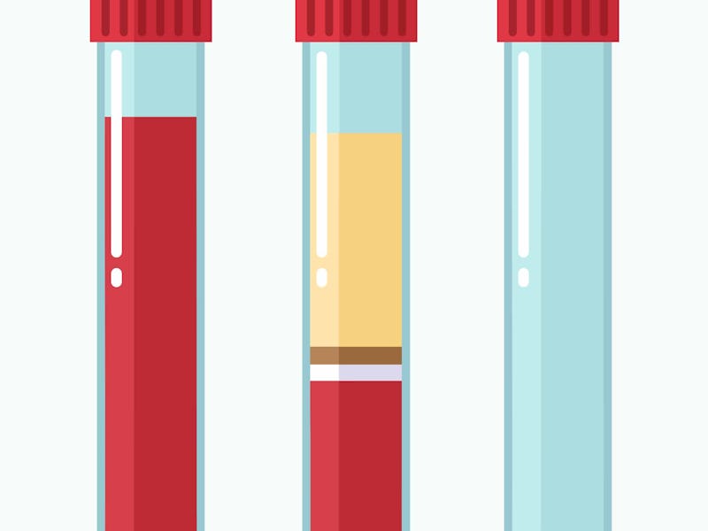 Vector medical icon structure and blood components. Illustration of a flask with blood components; a...