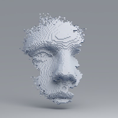 Abstract human face. 3D illustration of a head constructing from cubes. Artificial intelligence conc...