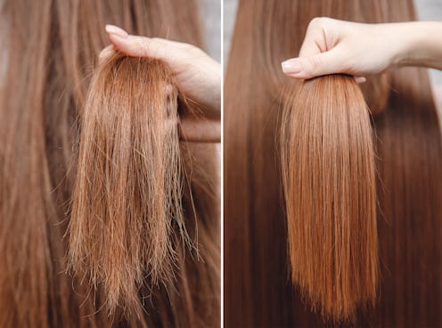 Sick, cut and healthy hair care keratin. Before and after treatment.