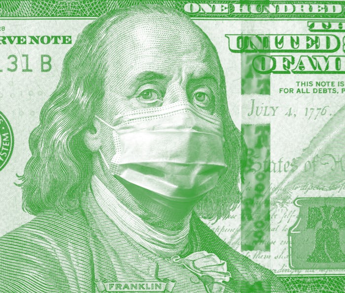 COVID-19 coronavirus in USA, 100 dollar money bill with face mask. Coronavirus affects global stock ...